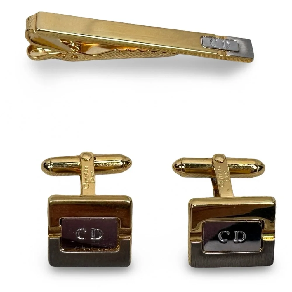 Vintage Christian Dior Mens Gold Silver Tone CD Logo Cufflinks and Tie Clip Set